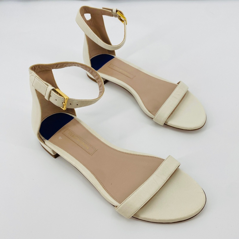 Stuart Weitzman Sandals Women Size 8 Cream Leather Ankle Strap‎ Low Block Heel